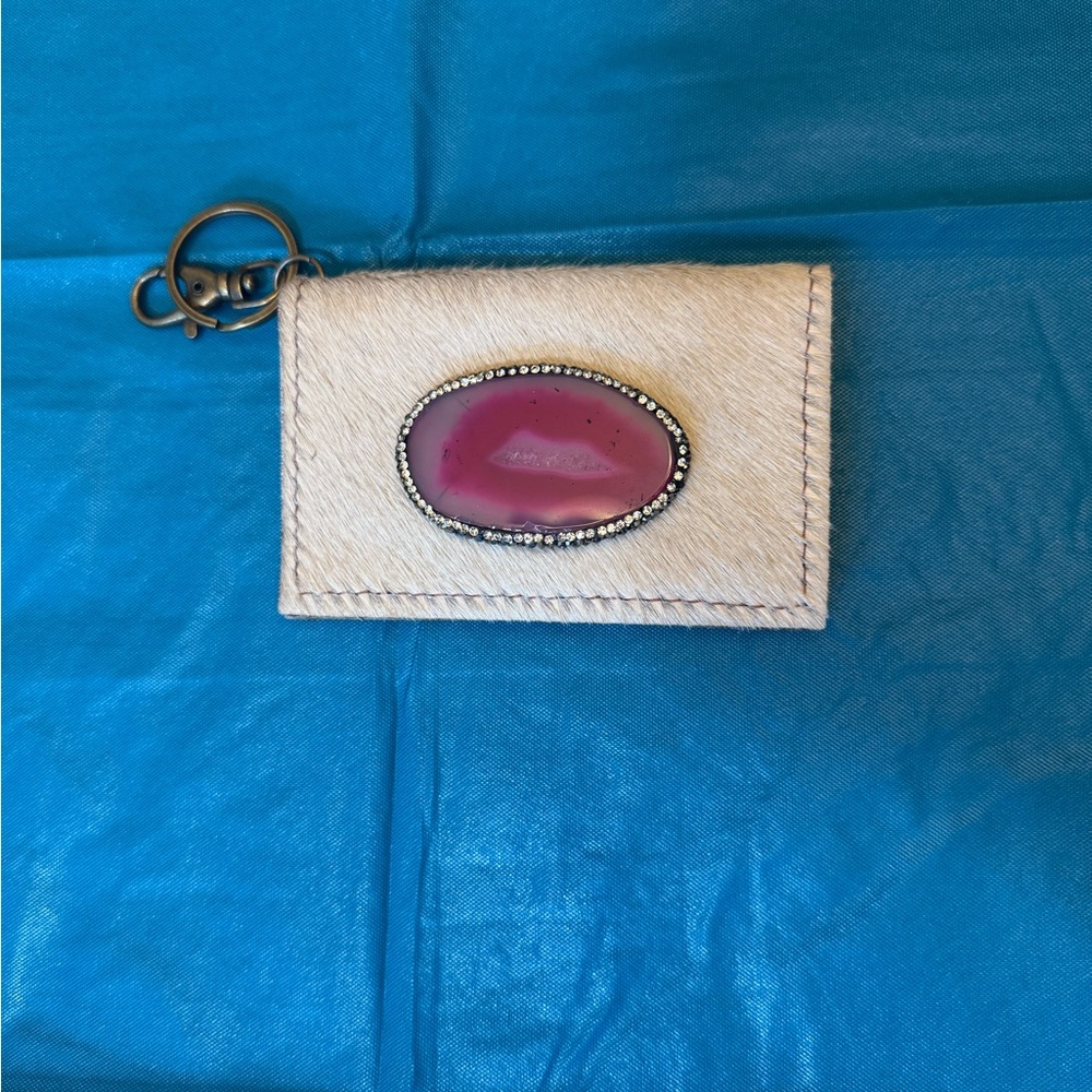 Cream Hair-On Leather Key Card Holder with Pink Stone Accent